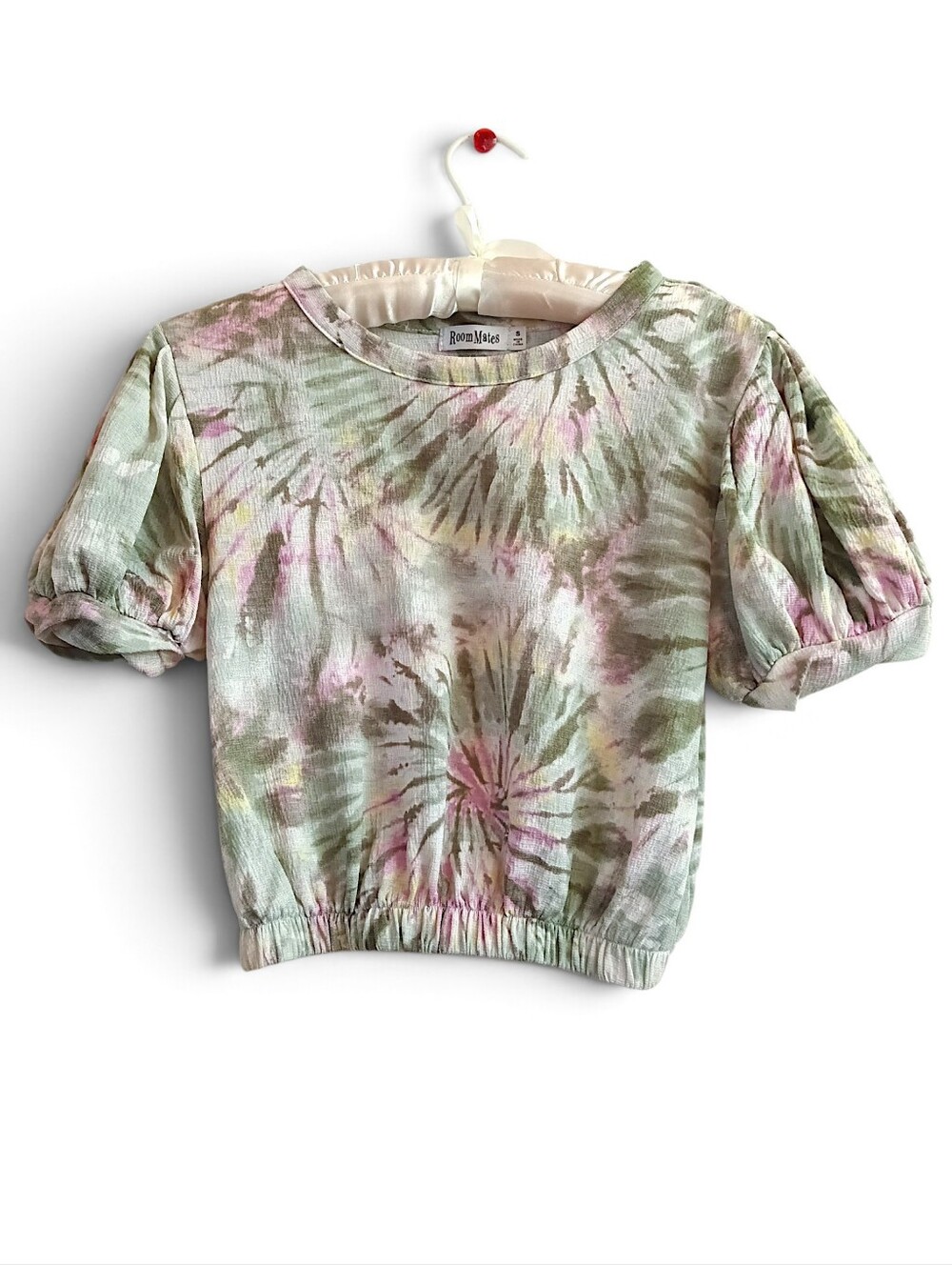 Roommates Tie-Dye Puff Sleeve Crop Top Sage Green Rose Pink Cute Femme Colorful